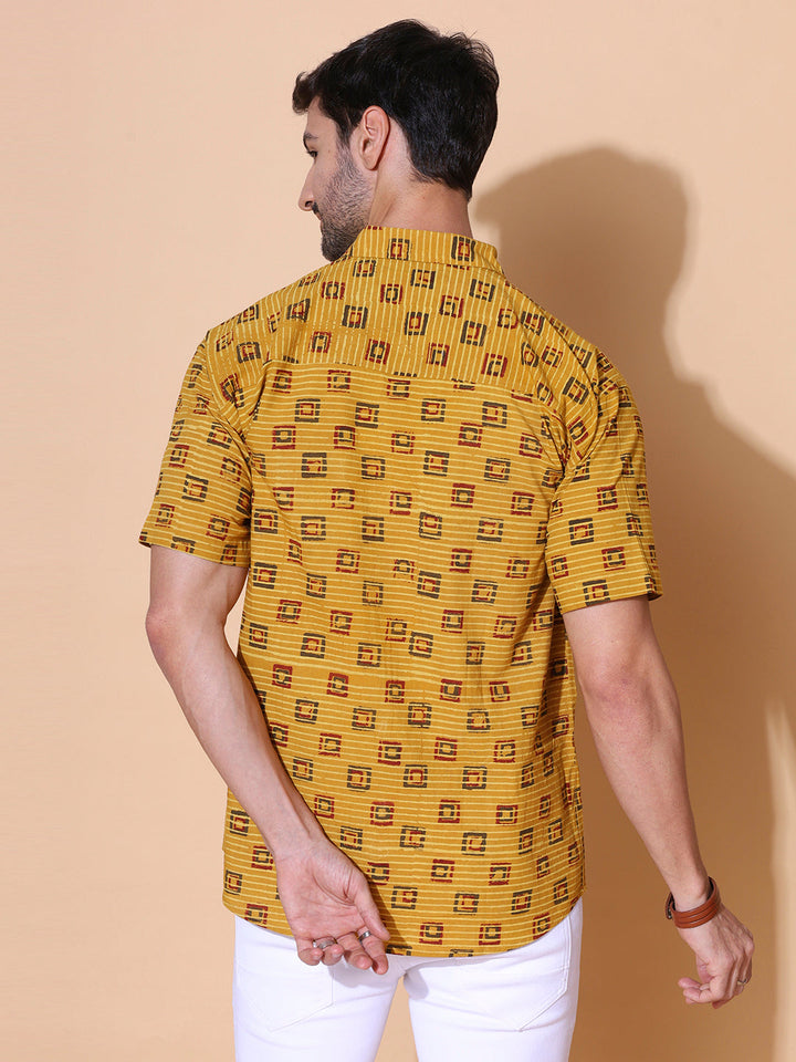 Sunbaked Ajrakh Half Sleeve Artisan Print Shirt in Mustard for Men