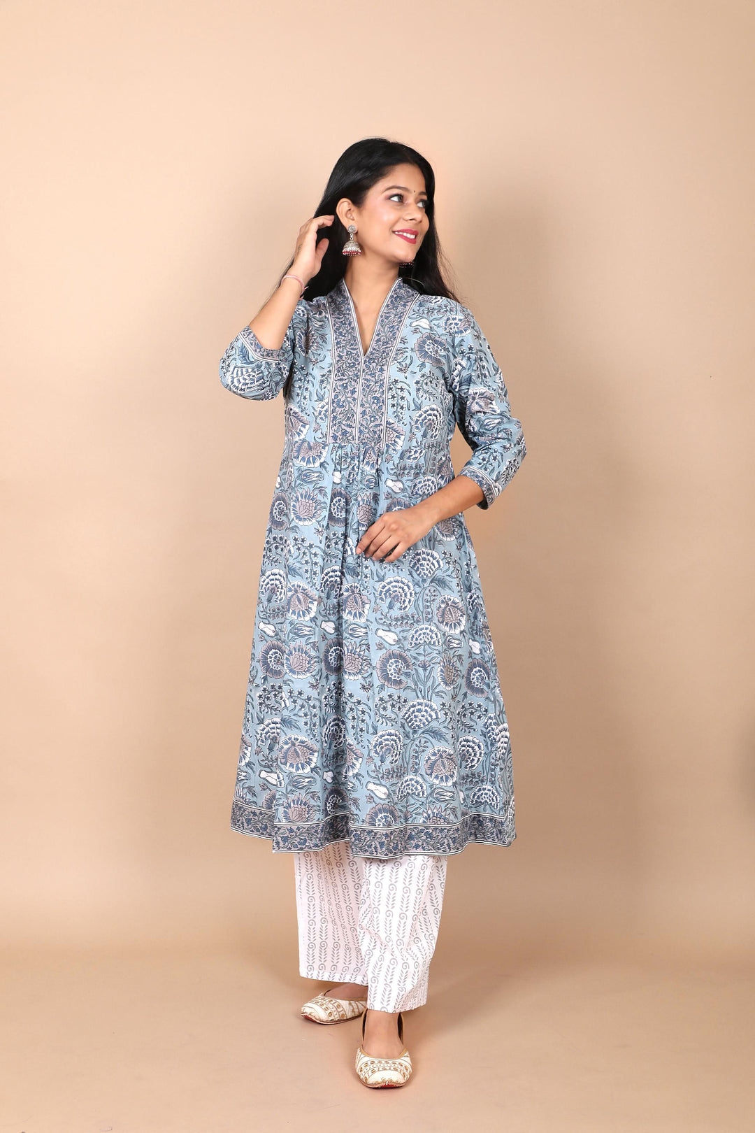 Salwaar Kameez set : Dusty Firozi 3 Piece Hand Block Printed Cotton Suit with mulmul dupatta