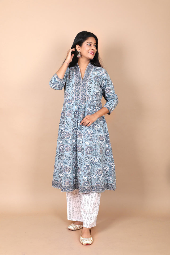 Salwaar Kameez set : Dusty Firozi 3 Piece Hand Block Printed Cotton Suit with mulmul dupatta
