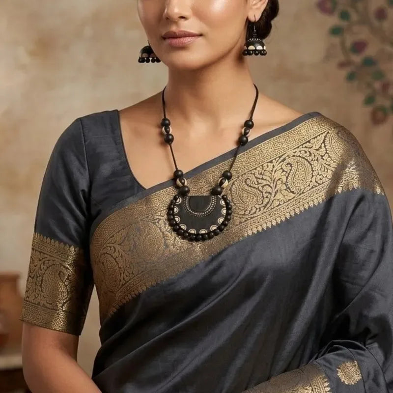 Terracotta Elegant Black Beaded Crescent Pendant Necklace Set for Women – Minimal Ethnic Jewelry| SHOBITAM