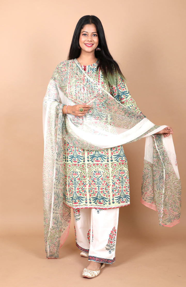 Bageecha 3 Piece Cotton Suit with Gota Detailing with Persian Floral Prints
