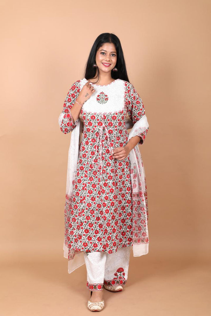 Gulaal Suit with Palazzo 3 piece Handblock Printed Cotton Suit with chiffon dupatta