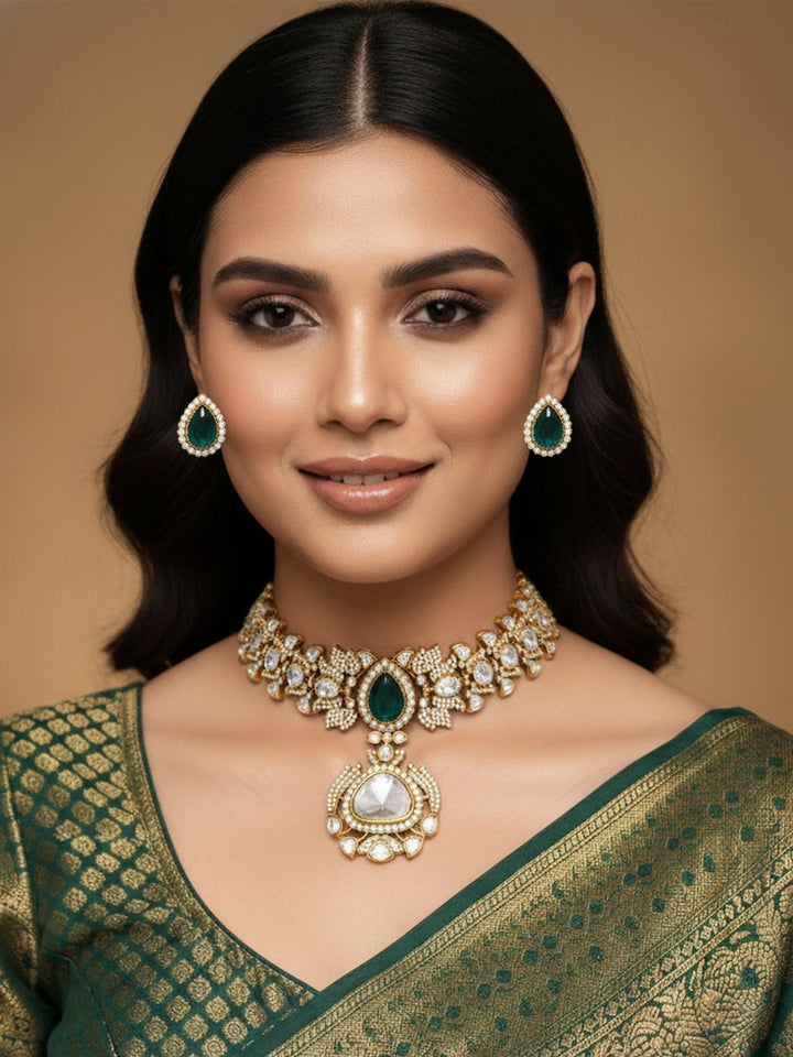 Green Emerald Stone Ethnic Elegant Festive Polki Choker Set | SHOBITAM
