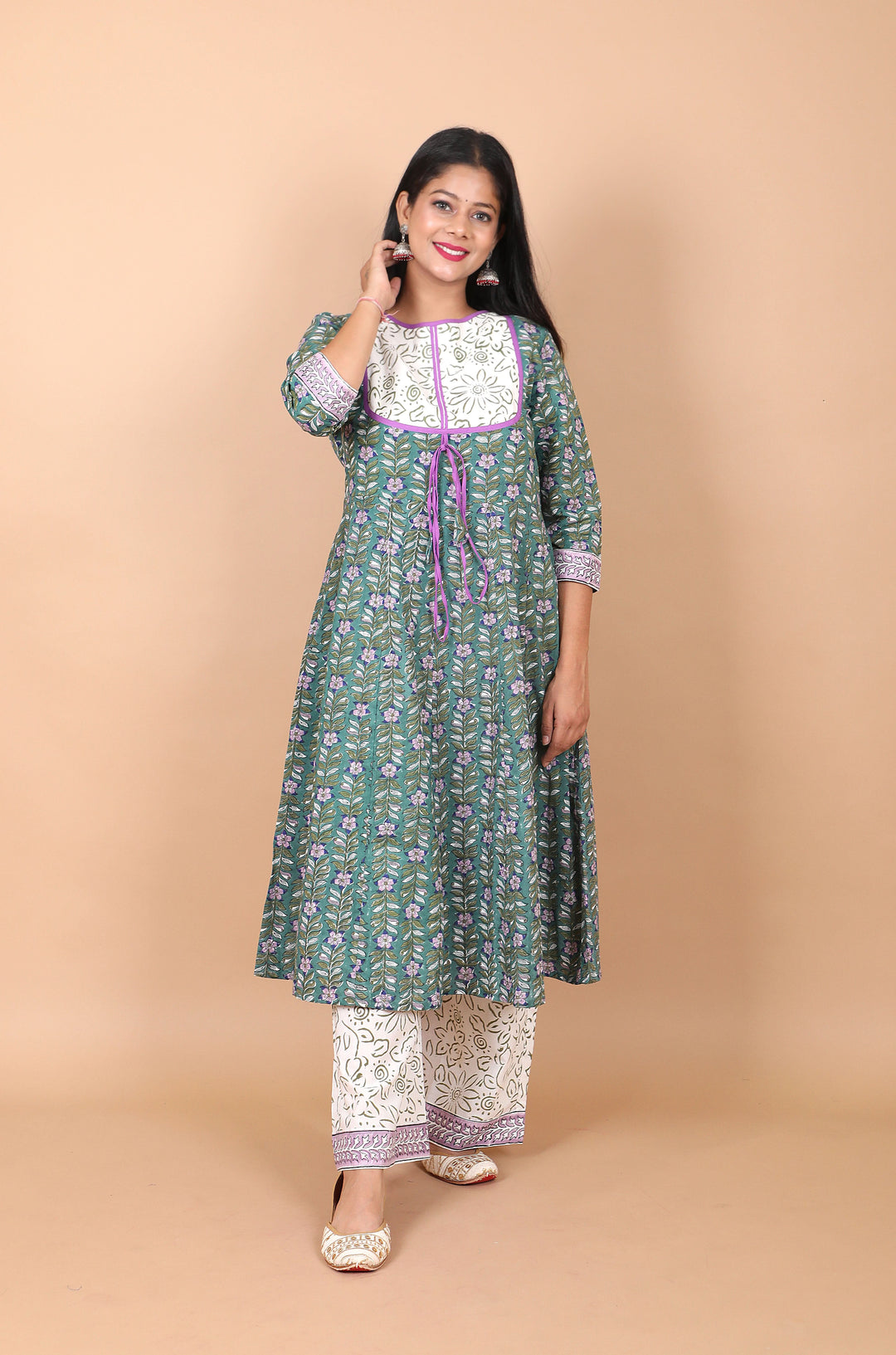 Salwar Suit - 3 PIece Amara teal green hand block printed suit with chiffon dupatta and trendy flared pants