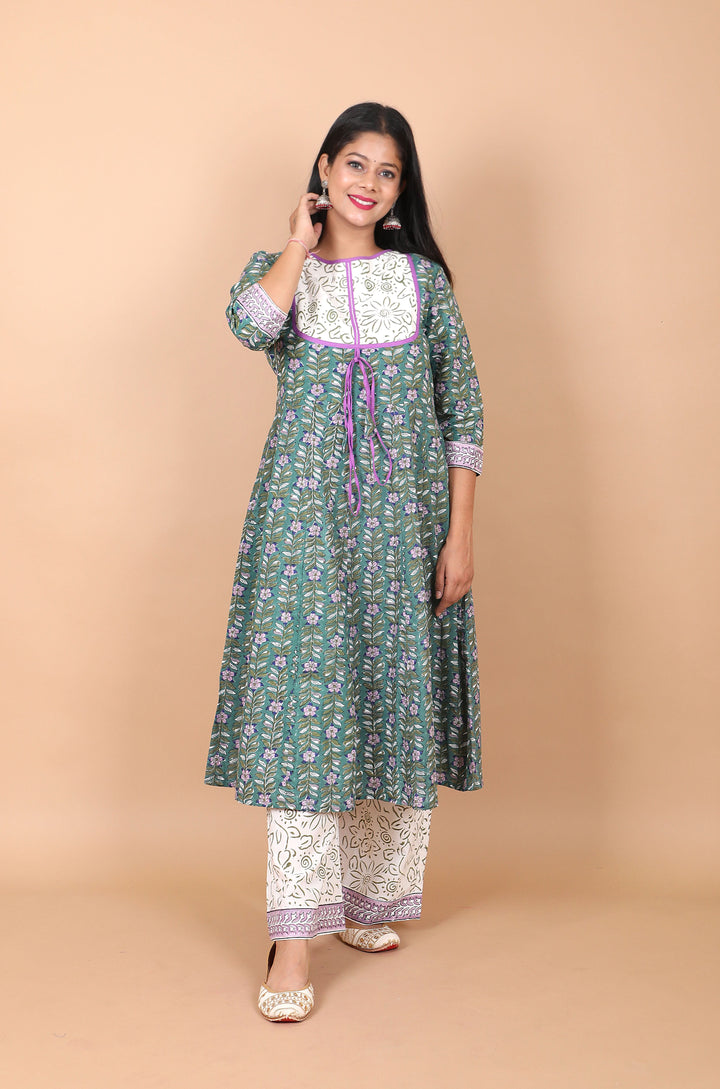 Salwar Suit - 3 PIece Amara teal green hand block printed suit with chiffon dupatta and trendy flared pants
