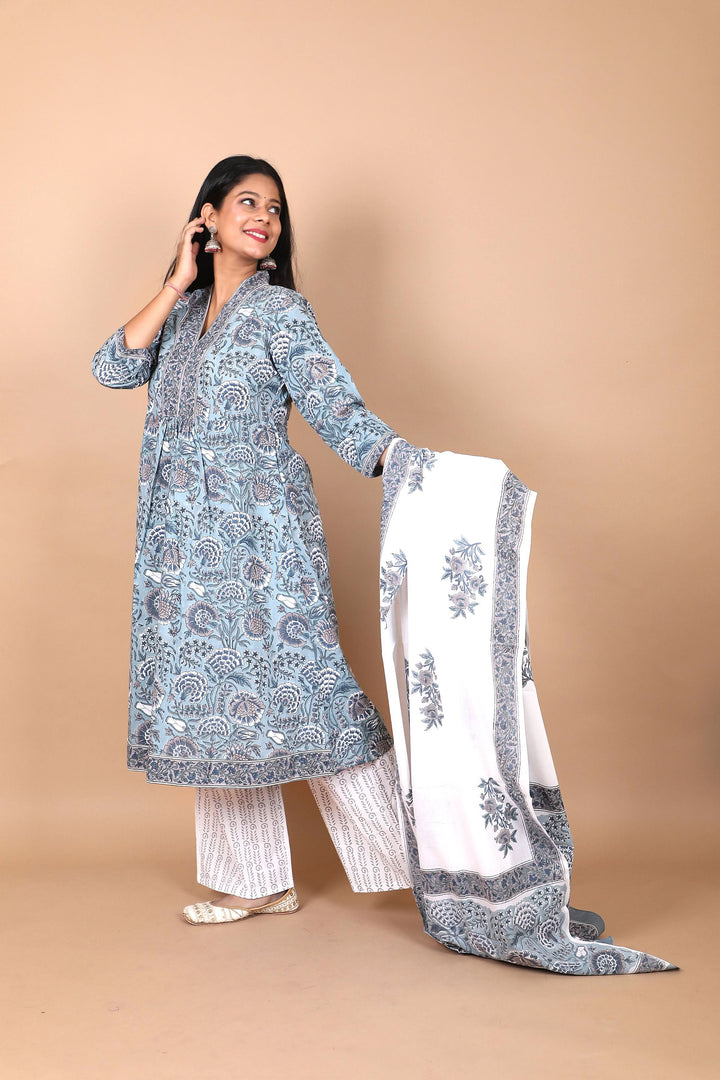 Salwaar Kameez set : Dusty Firozi 3 Piece Hand Block Printed Cotton Suit with mulmul dupatta