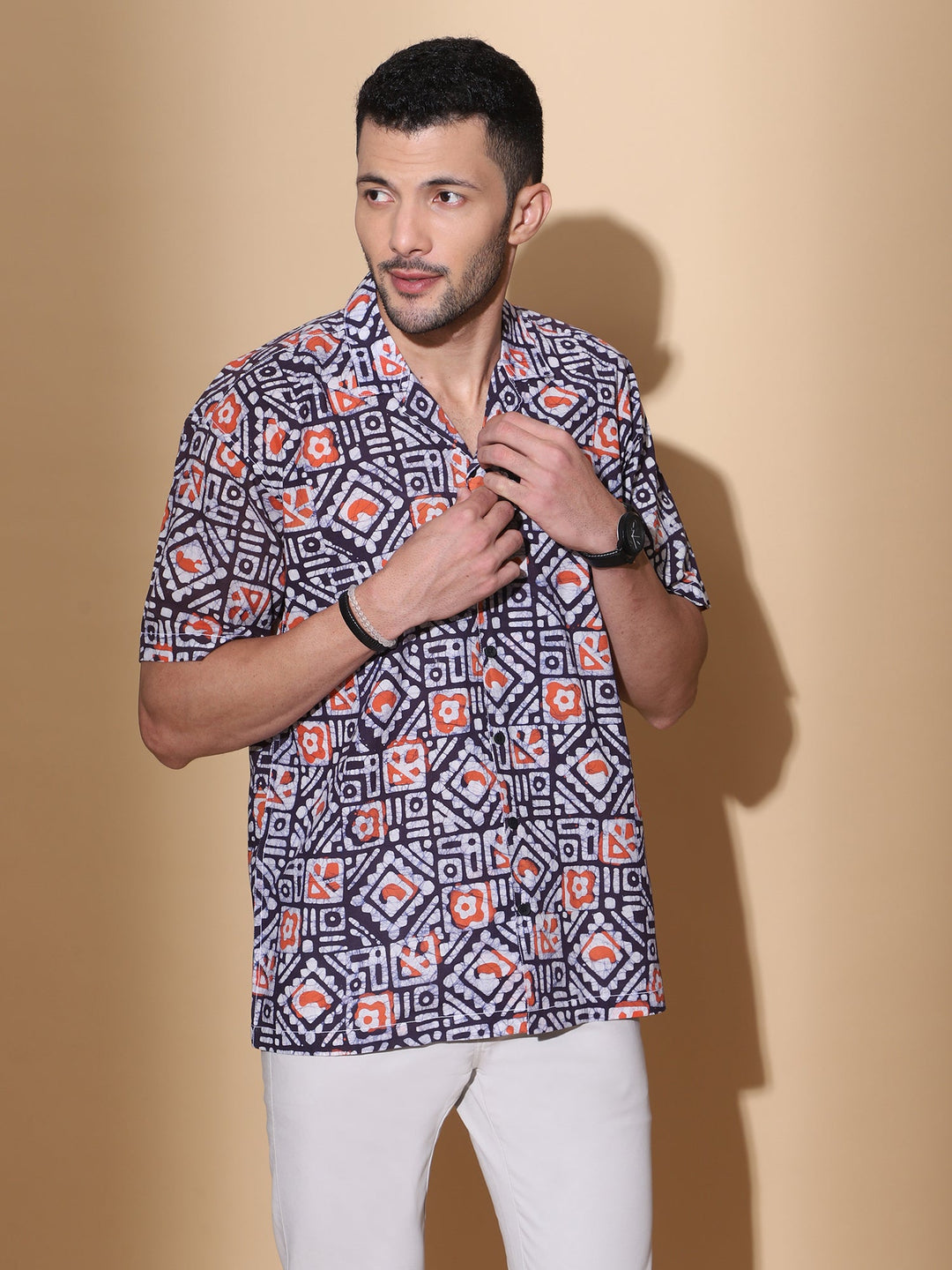 Red Clay Ajrakh Batik Print Cotton Shirt for Men