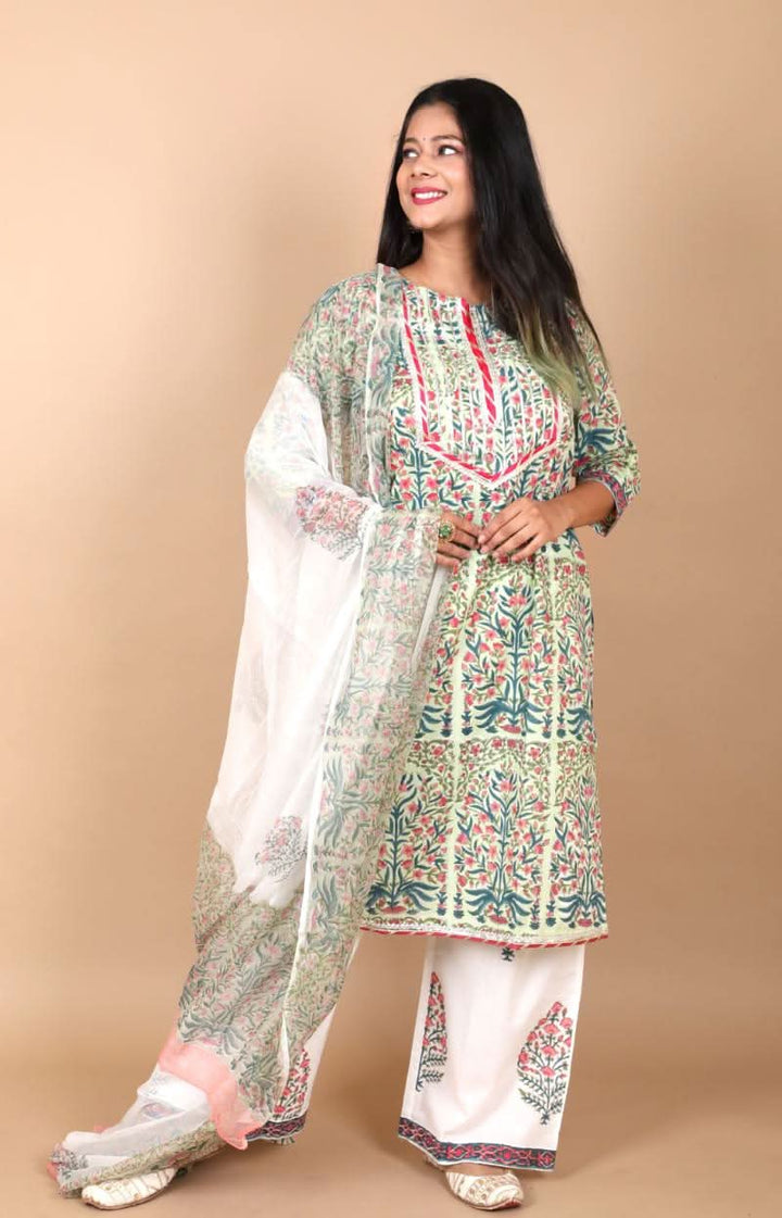 Bageecha 3 Piece Cotton Suit with Gota Detailing with Persian Floral Prints