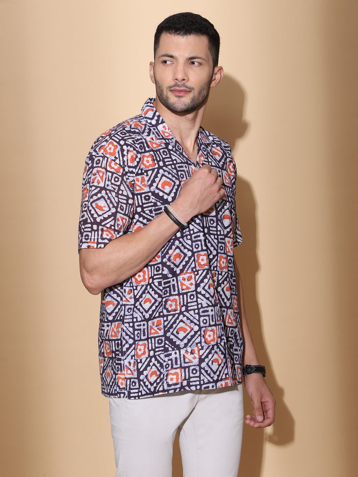 Red Clay Ajrakh Batik Print Cotton Shirt for Men