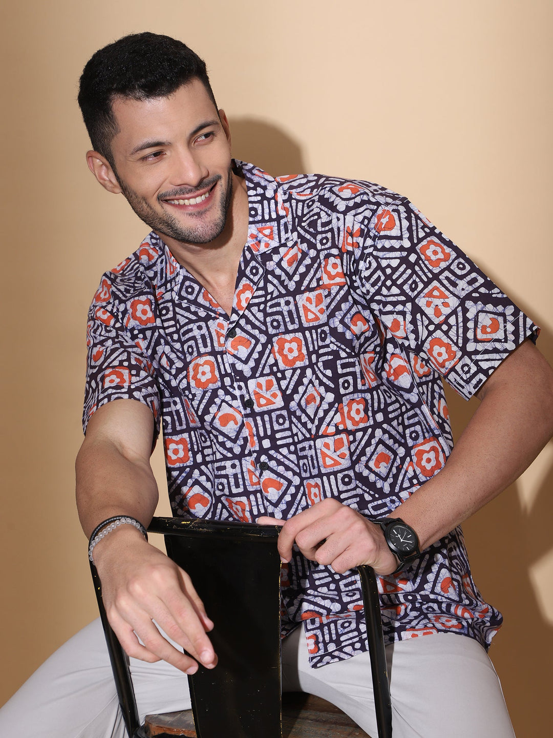Red Clay Ajrakh Batik Print Cotton Shirt for Men