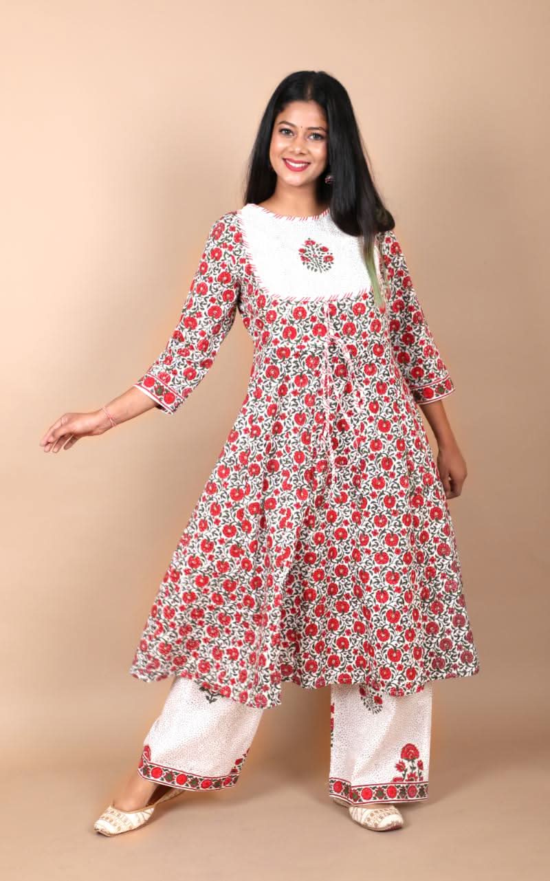 Gulaal Suit with Palazzo 3 piece Handblock Printed Cotton Suit with chiffon dupatta