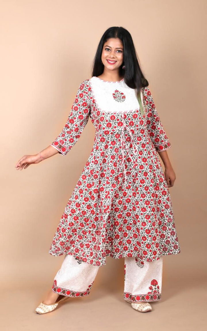Gulaal Suit with Palazzo 3 piece Handblock Printed Cotton Suit with chiffon dupatta