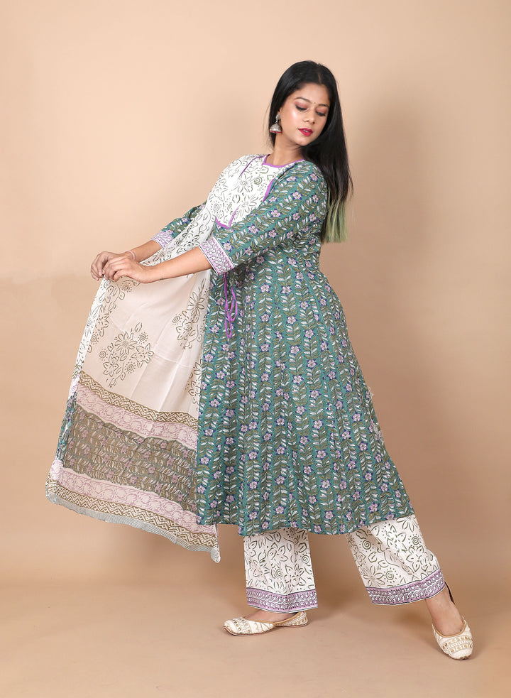 Salwar Suit - 3 PIece Amara teal green hand block printed suit with chiffon dupatta and trendy flared pants