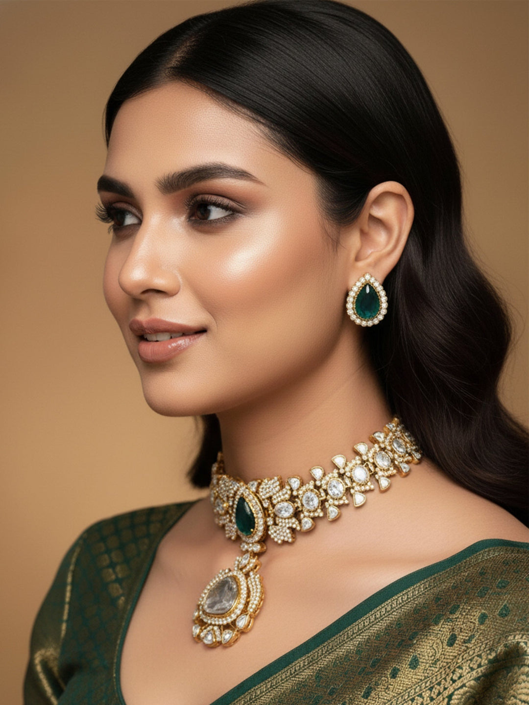 Green Emerald Stone Ethnic Elegant Festive Polki Choker Set | SHOBITAM