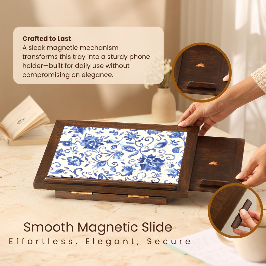 Floral Blossom Wooden Laptop Stand with Mobile Phone Tray