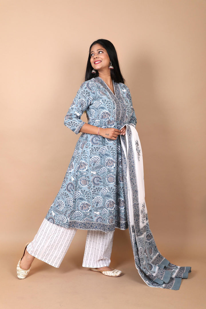 Salwaar Kameez set : Dusty Firozi 3 Piece Hand Block Printed Cotton Suit with mulmul dupatta