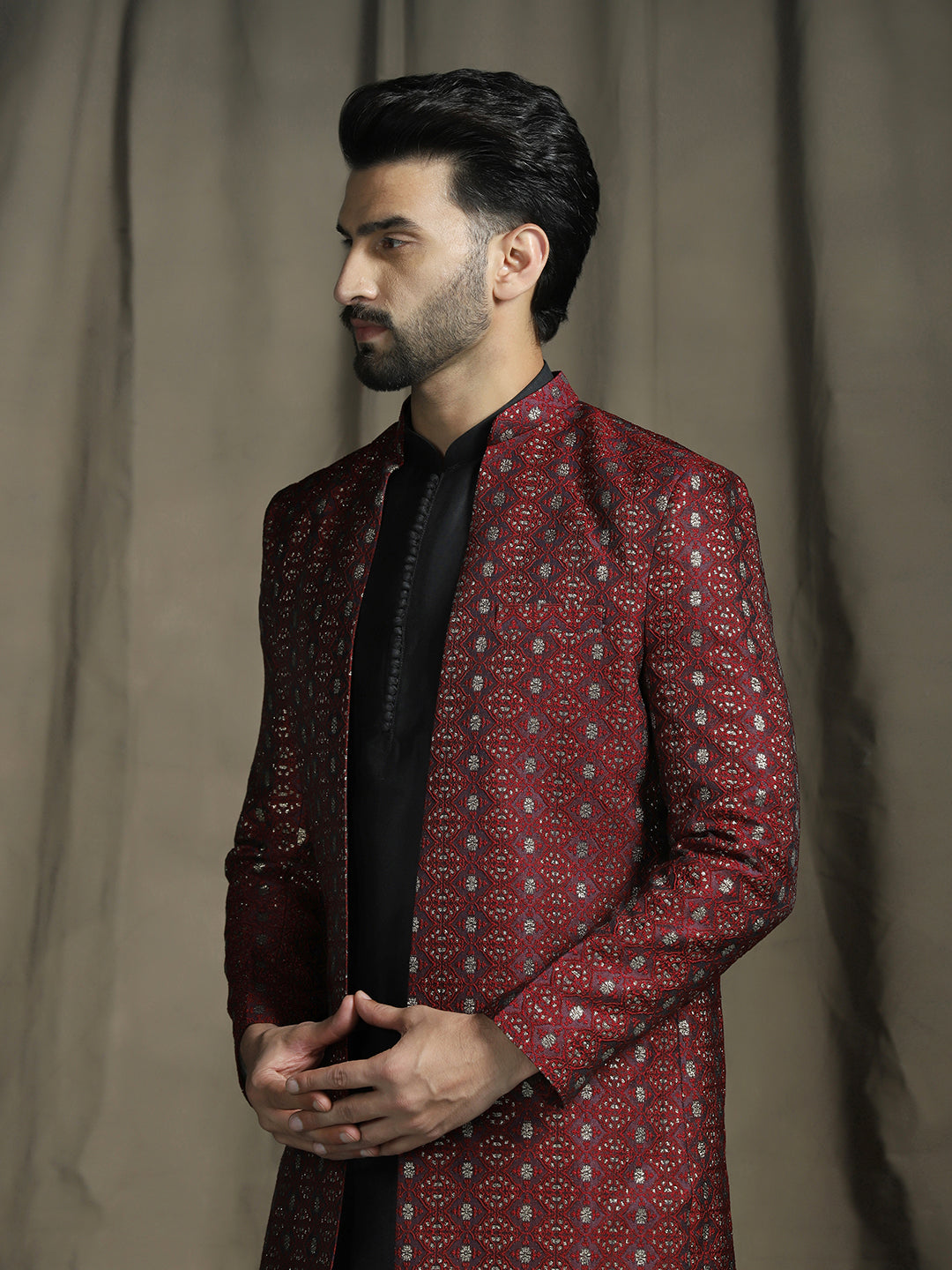 Maroon Jacquard Royal Sherwani Set for Men | SHOBITAM
