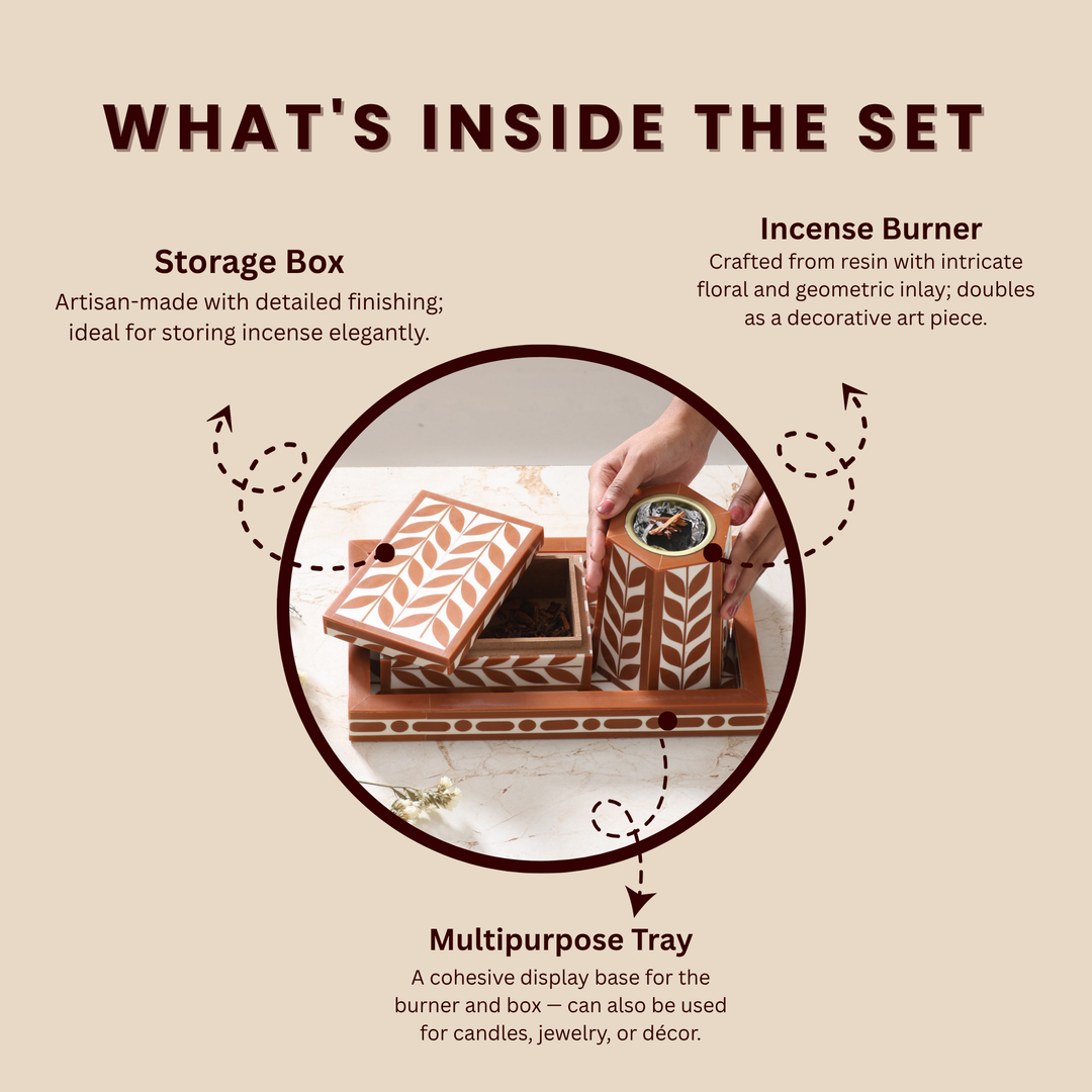 Artistic Bakhoor Set with Incense Holder, Storage and Multipurpose tray - Brown