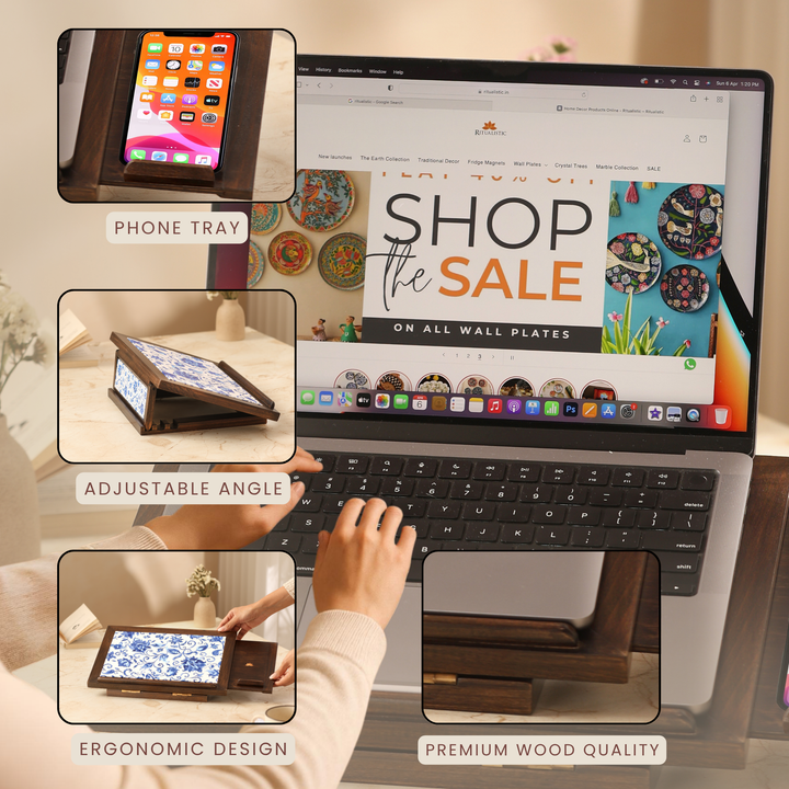 Floral Blossom Wooden Laptop Stand with Mobile Phone Tray