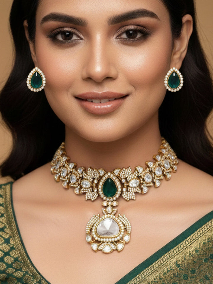 Green Emerald Stone Ethnic Elegant Festive Polki Choker Set | SHOBITAM