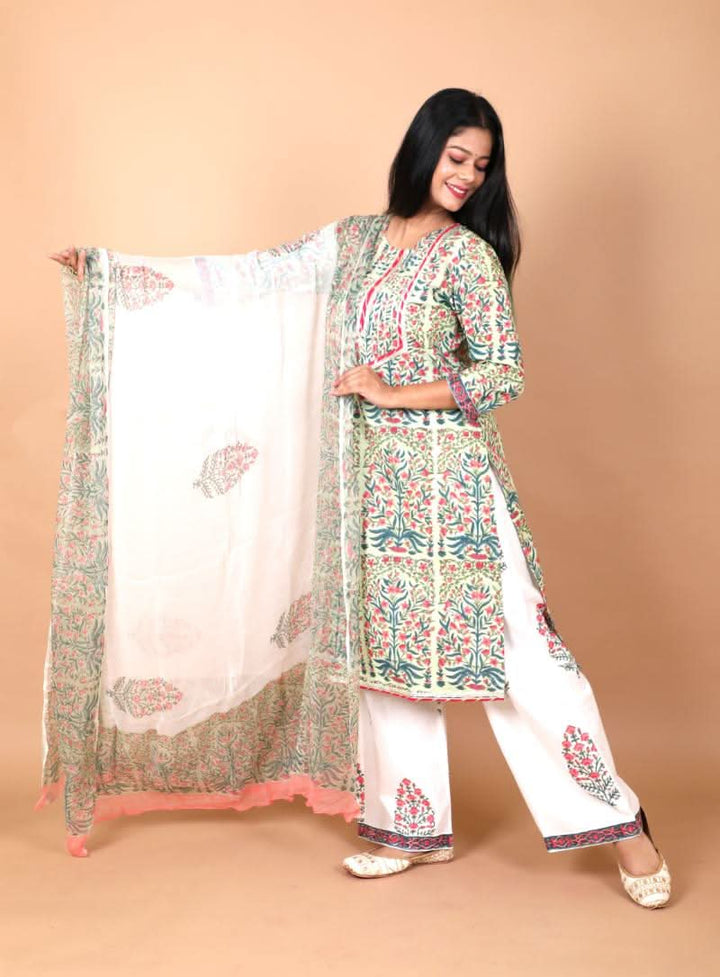 Bageecha 3 Piece Cotton Suit with Gota Detailing with Persian Floral Prints