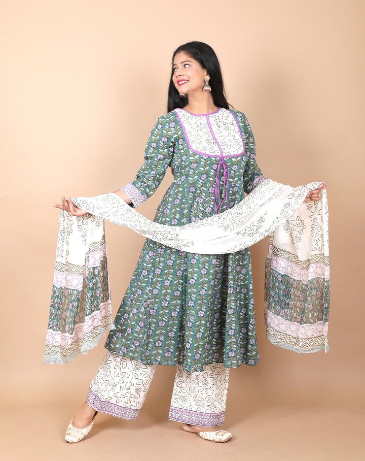 Salwar Suit - 3 PIece Amara teal green hand block printed suit with chiffon dupatta and trendy flared pants