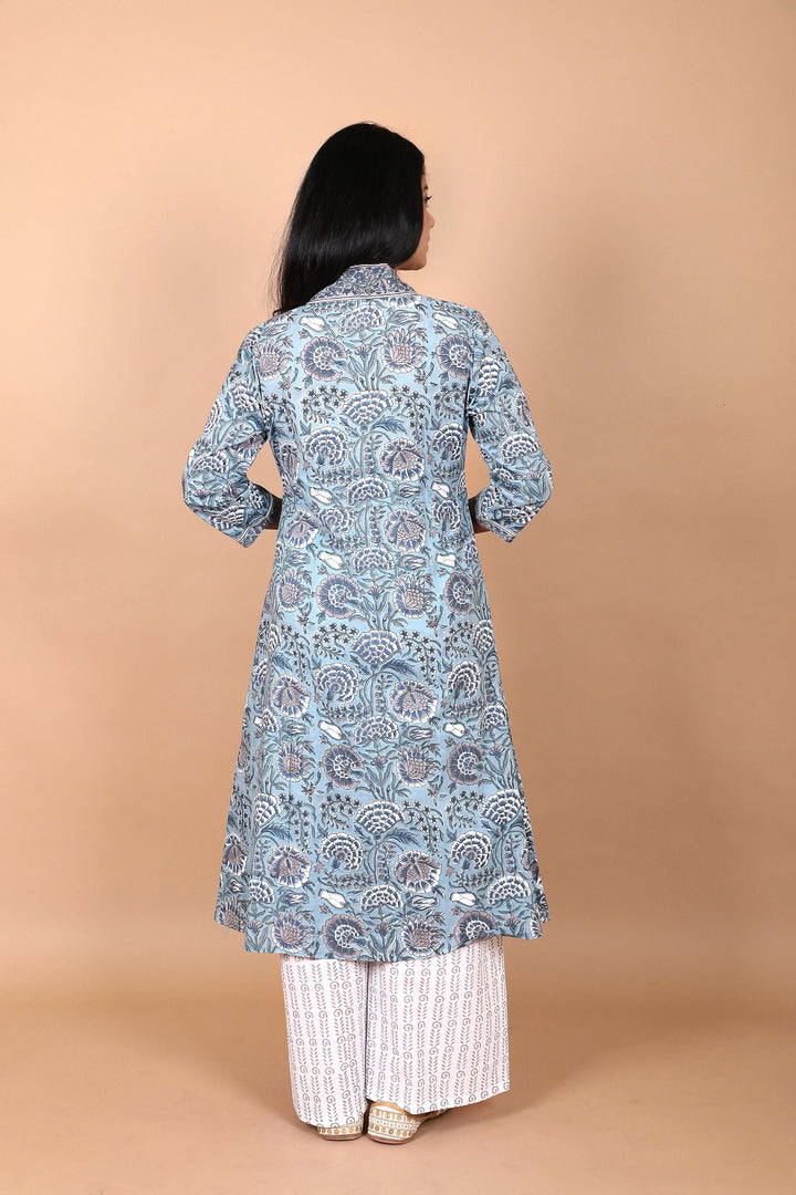 Salwaar Kameez set : Dusty Firozi 3 Piece Hand Block Printed Cotton Suit with mulmul dupatta