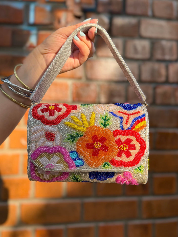 BLOOMING GARDEN - SILVER Bag with Floral Embroidery