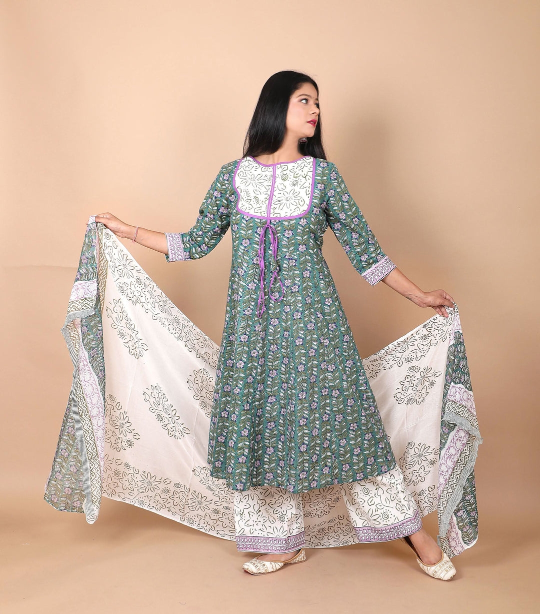 Salwar Suit - 3 PIece Amara teal green hand block printed suit with chiffon dupatta and trendy flared pants