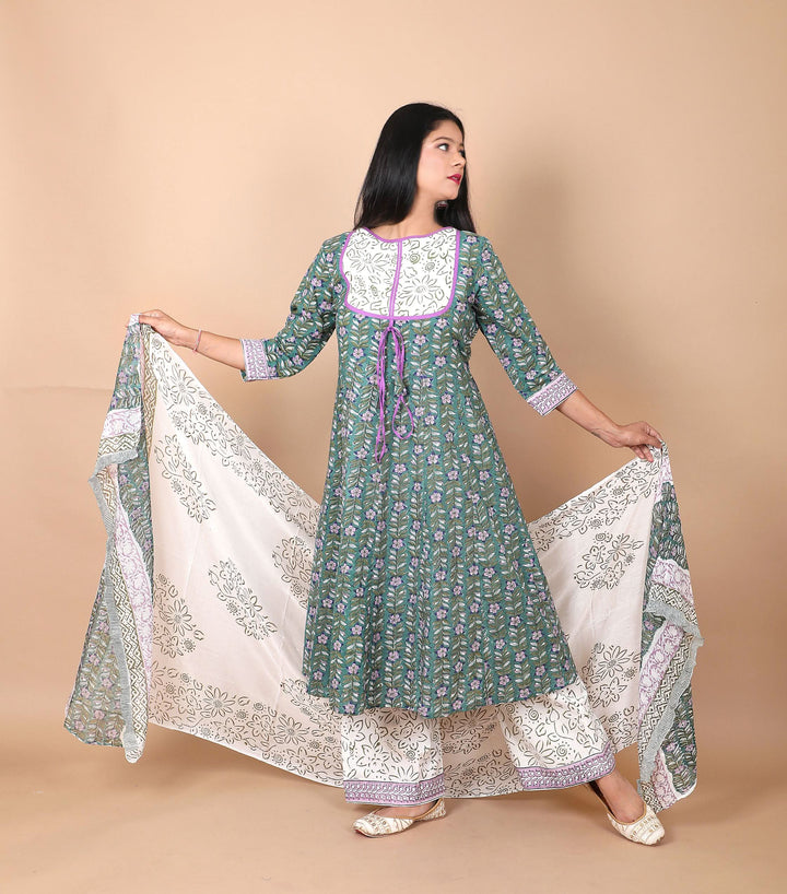 Salwar Suit - 3 PIece Amara teal green hand block printed suit with chiffon dupatta and trendy flared pants