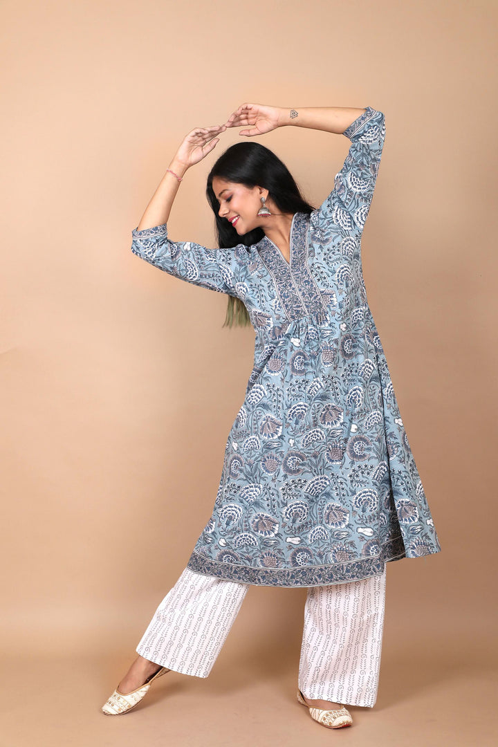 Salwaar Kameez set : Dusty Firozi 3 Piece Hand Block Printed Cotton Suit with mulmul dupatta