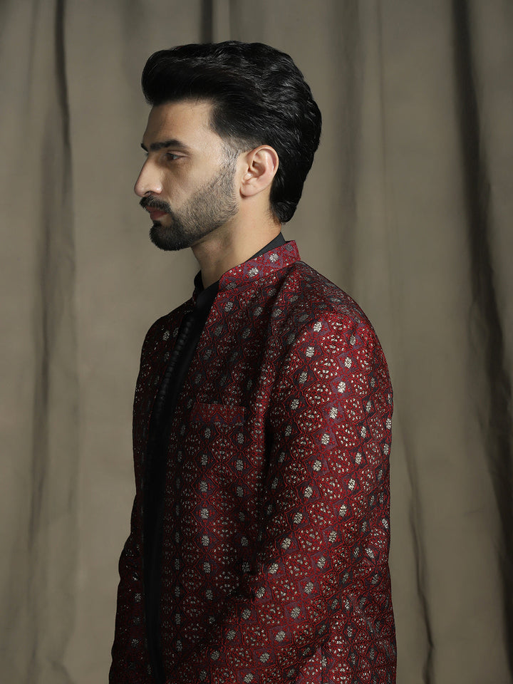 Maroon Jacquard Royal Sherwani Set for Men | SHOBITAM
