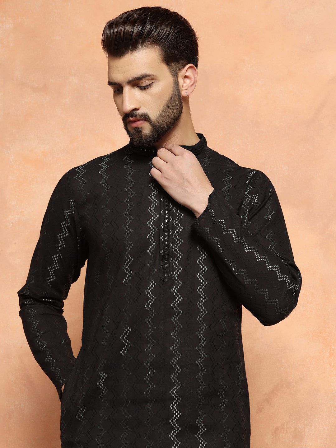 Black Jacquard Woven Silk Blend Kurta | SHOBITAM