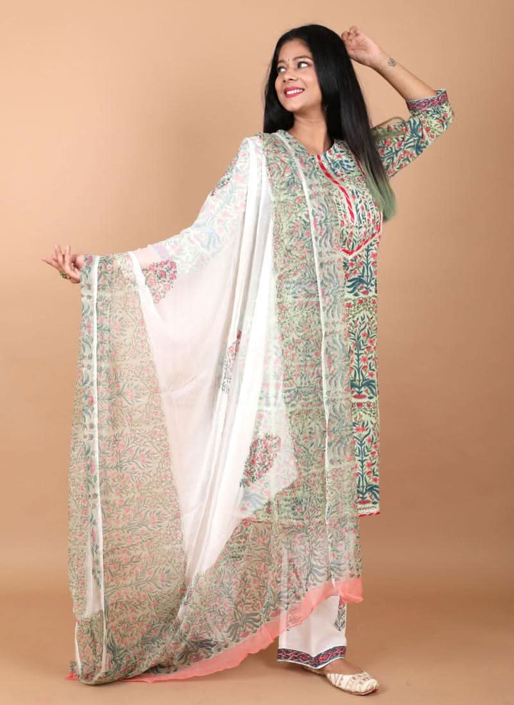 Bageecha 3 Piece Cotton Suit with Gota Detailing with Persian Floral Prints