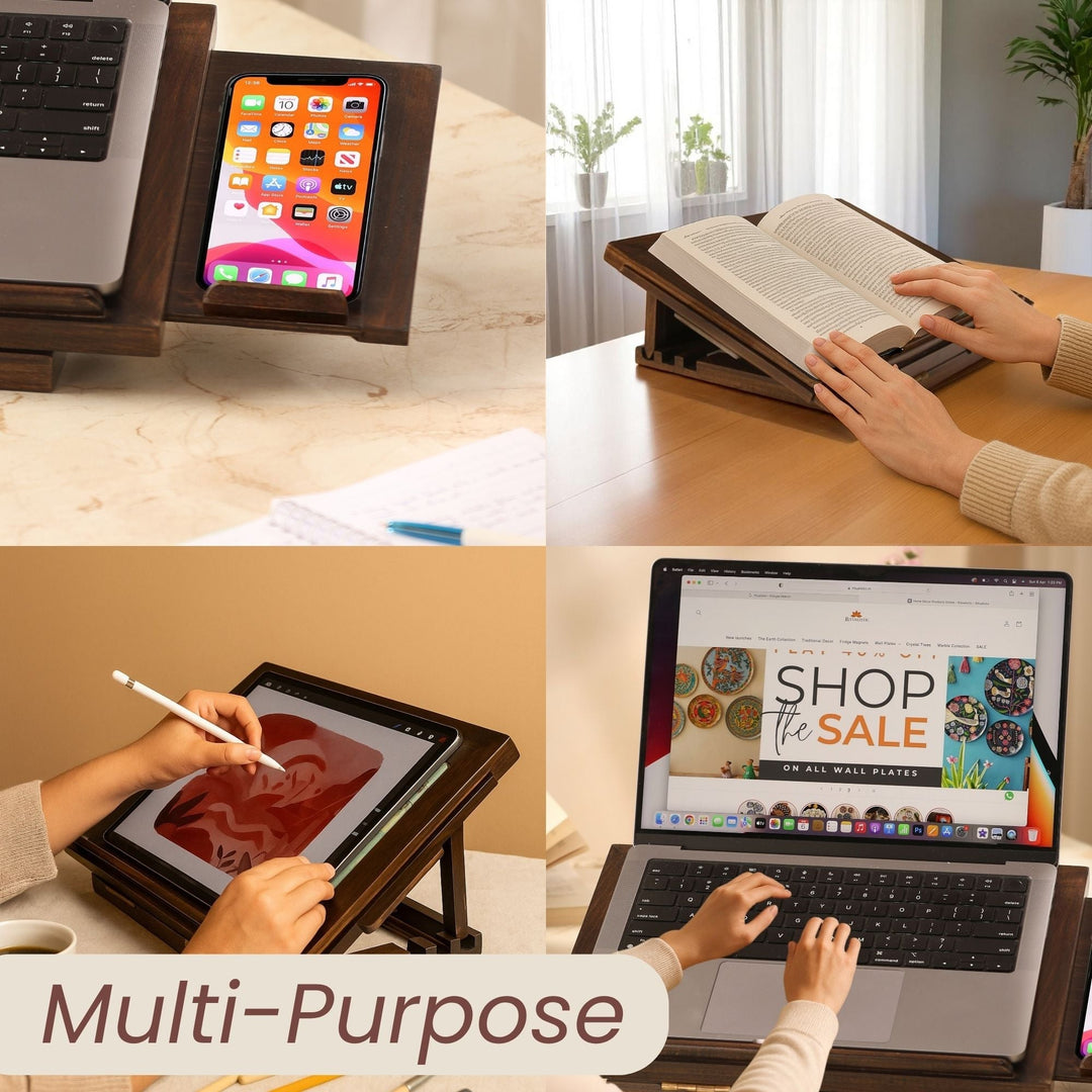 Floral Blossom Wooden Laptop Stand with Mobile Phone Tray