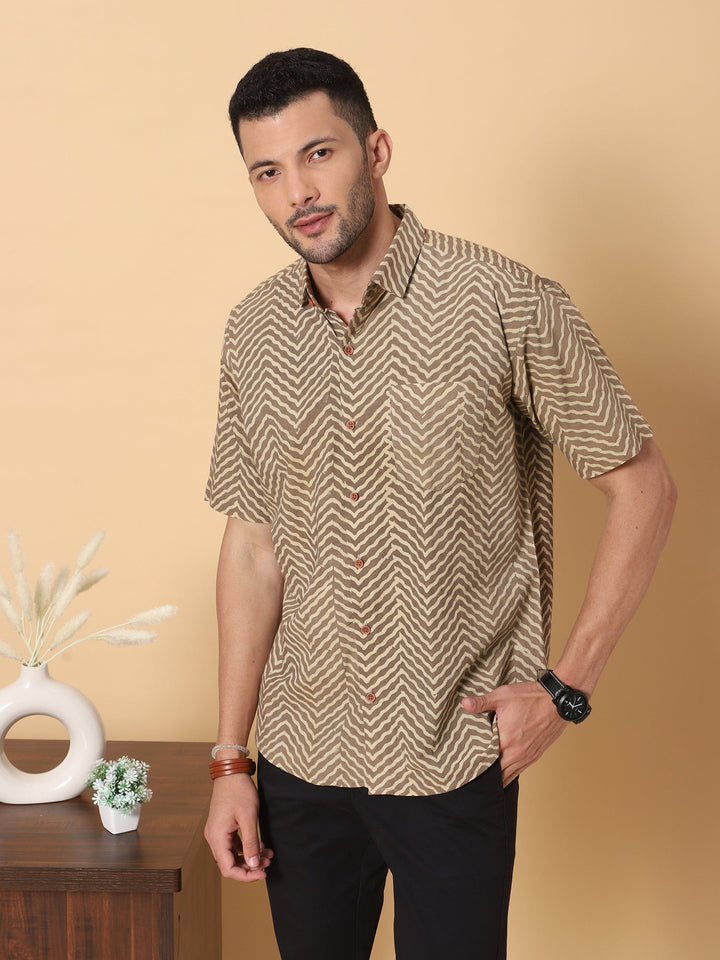 Mocha Ajrakh Half Sleeve Artisan Print Shirt in Khaki for Men