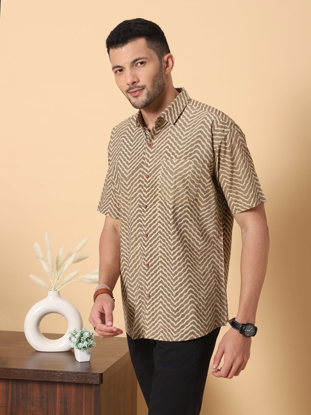 Mocha Ajrakh Half Sleeve Artisan Print Shirt in Khaki for Men