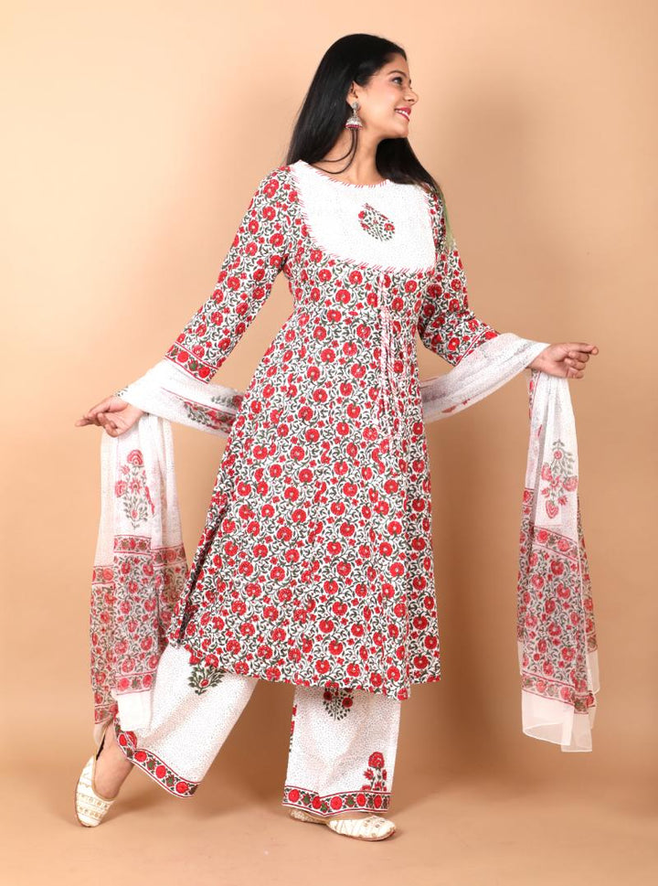 Gulaal Suit with Palazzo 3 piece Handblock Printed Cotton Suit with chiffon dupatta