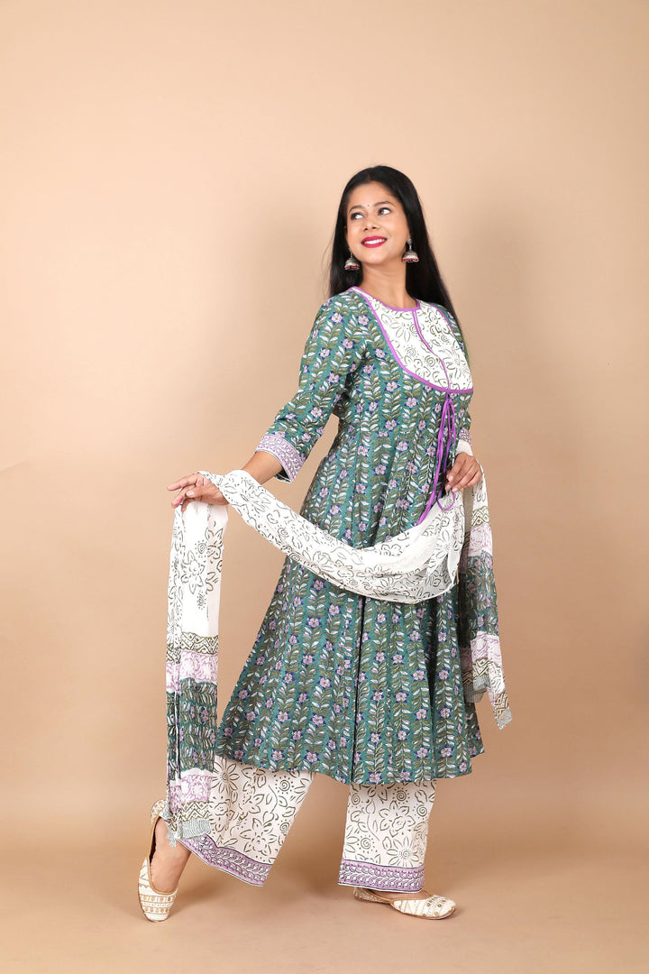Salwar Suit - 3 PIece Amara teal green hand block printed suit with chiffon dupatta and trendy flared pants