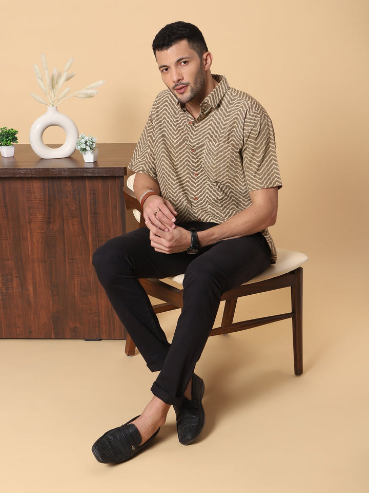 Mocha Ajrakh Half Sleeve Artisan Print Shirt in Khaki for Men