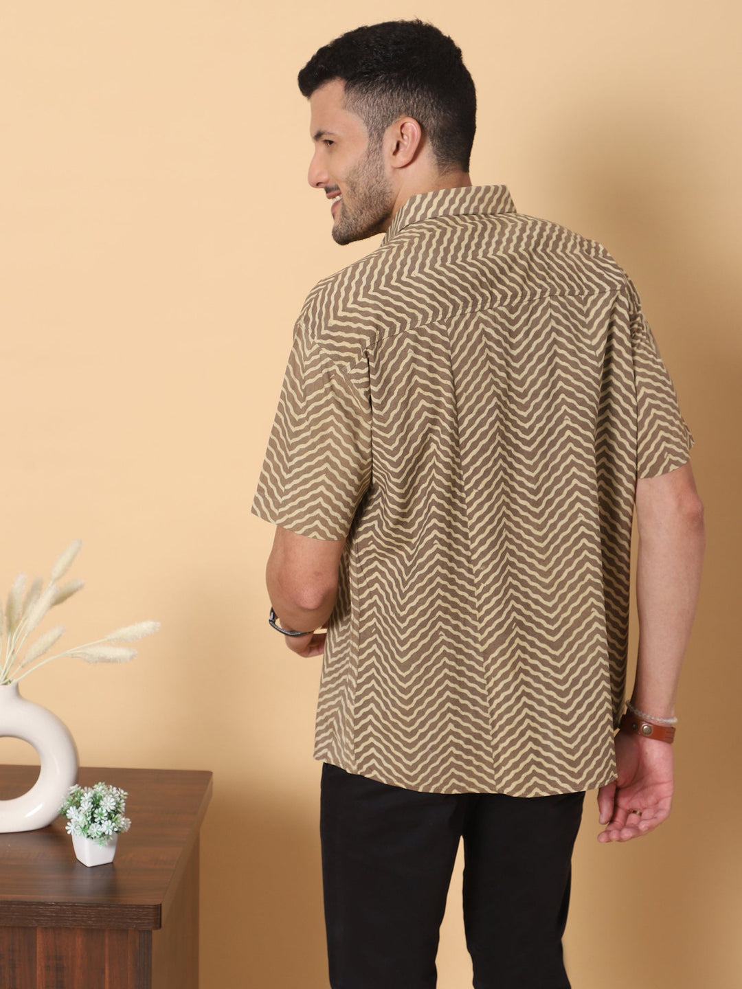 Mocha Ajrakh Half Sleeve Artisan Print Shirt in Khaki for Men