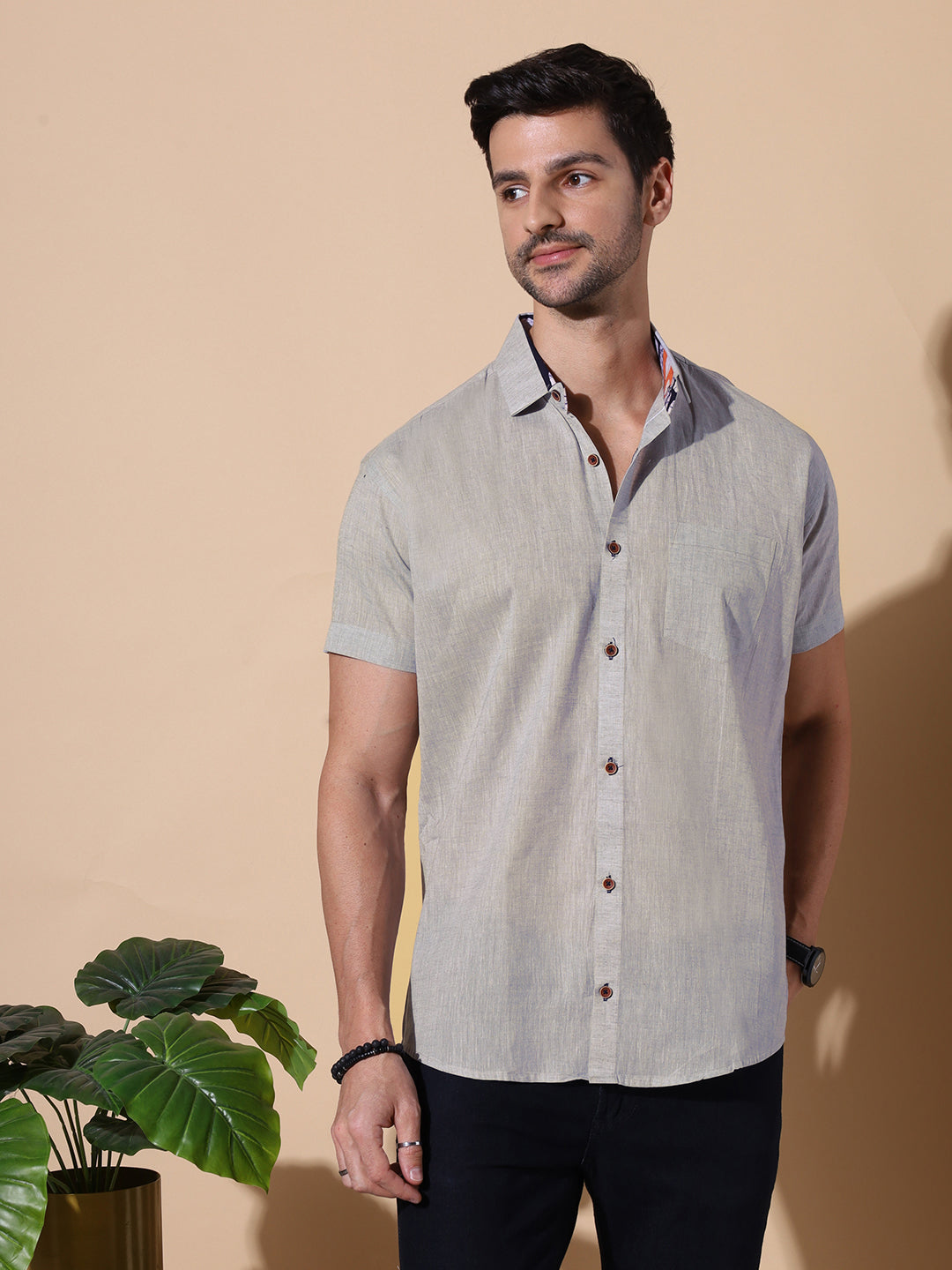 Slate Khadi Half Sleeve Cotton Shirt in Grey