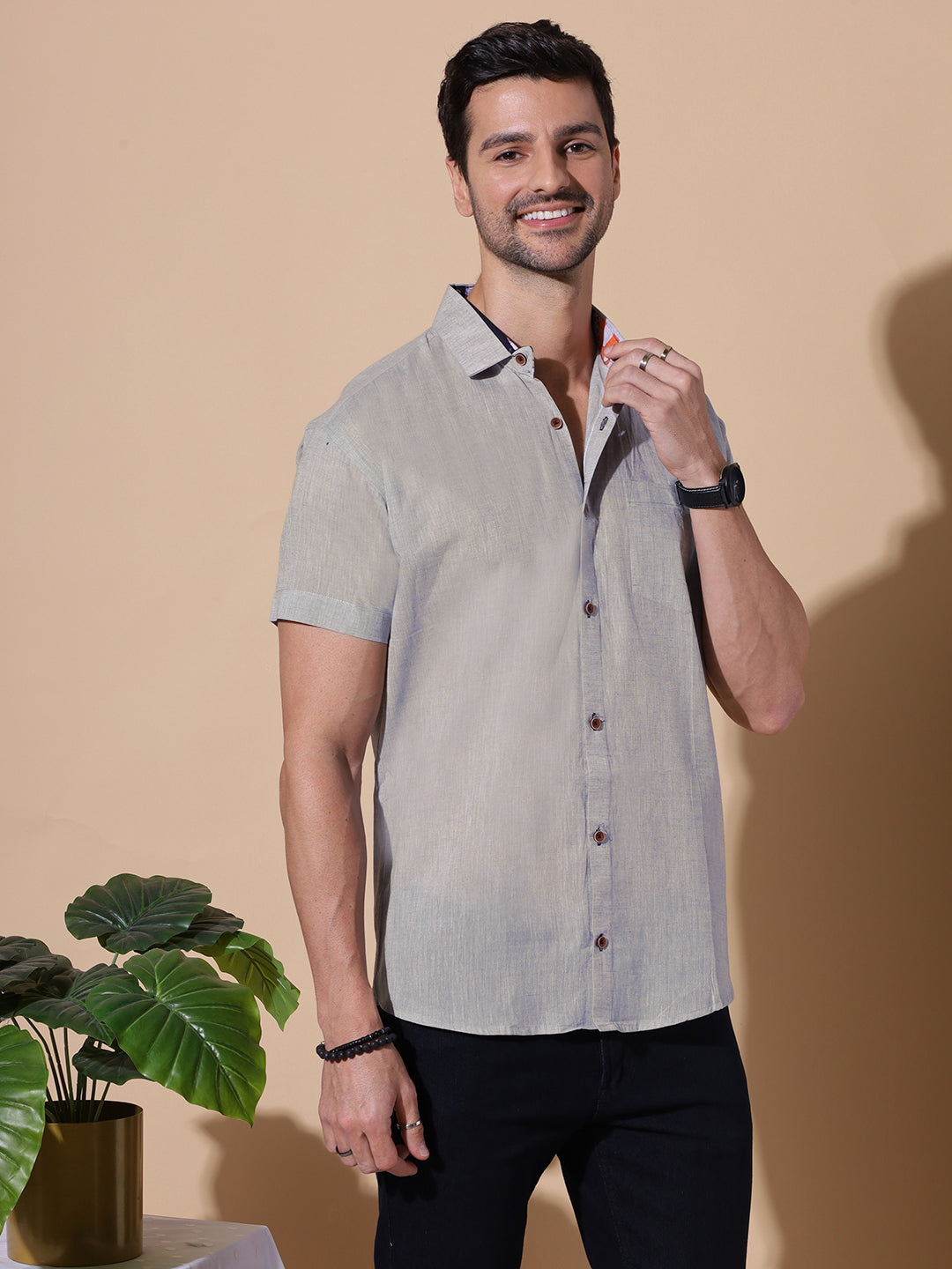 Slate Khadi Half Sleeve Cotton Shirt in Grey