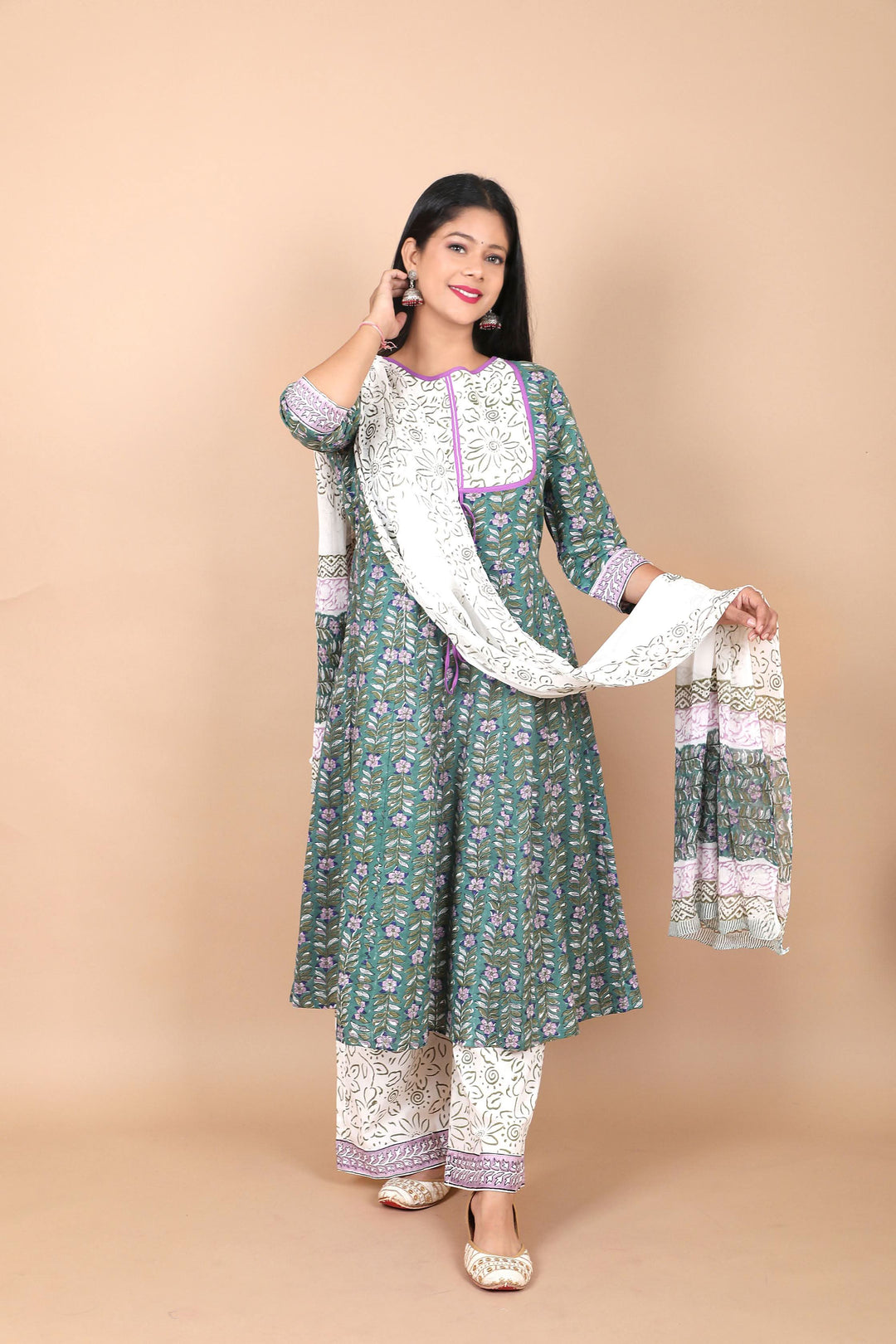 Salwar Suit - 3 PIece Amara teal green hand block printed suit with chiffon dupatta and trendy flared pants