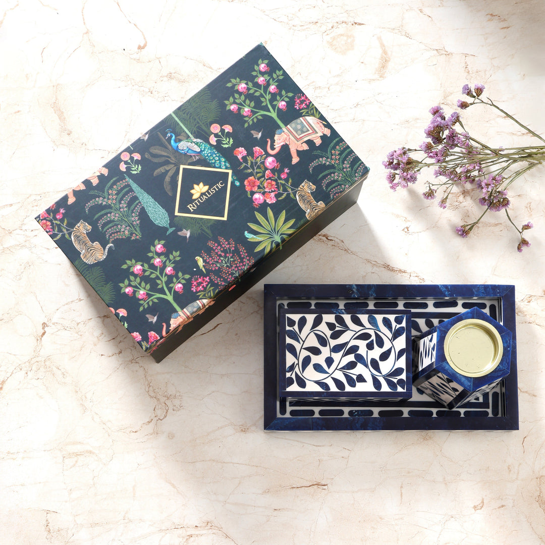 Artistic Bakhoor Set with Incense Holder, Storage and Multipurpose tray - Indigo