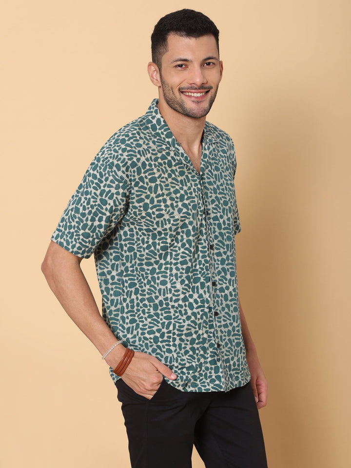 Jungle Ink Ajrakh Batik Print Cotton Shirt in Green for Men