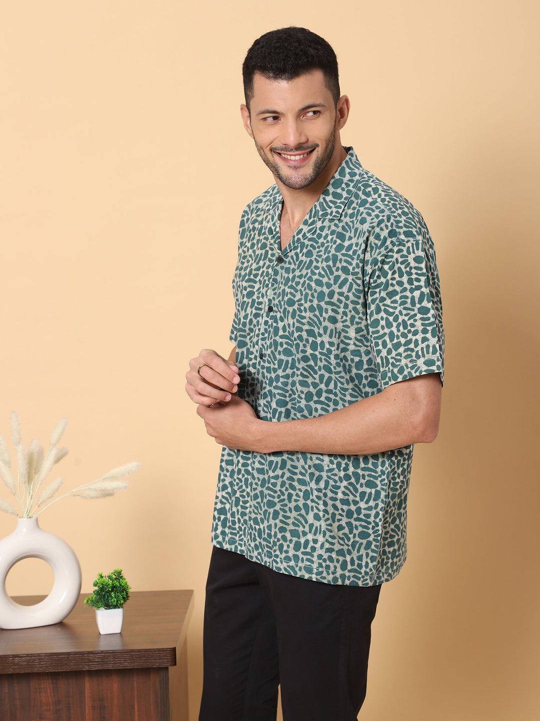 Jungle Ink Ajrakh Batik Print Cotton Shirt in Green for Men