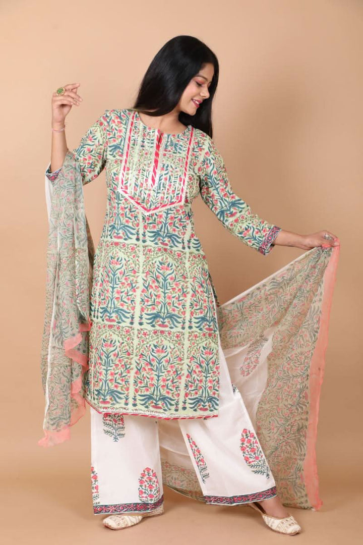 Bageecha 3 Piece Cotton Suit with Gota Detailing with Persian Floral Prints