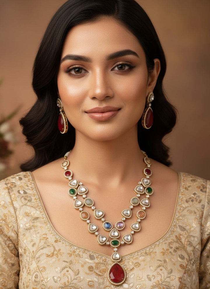 Multicolour Gold Plated Jaipuri Bead Stone Polki Necklace Set | SHOBITAM