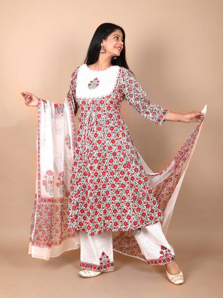 Gulaal Suit with Palazzo 3 piece Handblock Printed Cotton Suit with chiffon dupatta